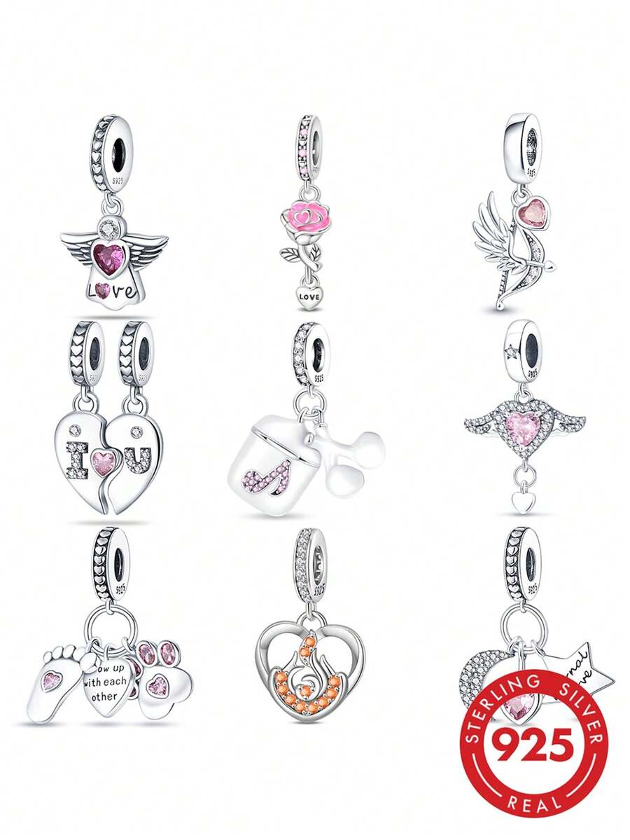 1 pièce pendentif en argent sterling S925 blanc phosphorescent, rose, aile, étoile, lune, ange, nœud, flèche, cœur, LOVE, compagnon, patte mignonne, pied, feu, énergie, convient pour bracelet original, collier, porte-clés, fabrication de pendentif DIY, cadeau pour femme, convient pour anniversaire, fête, cadeau de vacances - Rose bonbon - Voir 1