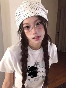 Y2K可愛黑白貓星星印花白色女款T恤，日系甜美女孩風寬鬆短袖上衣，學生夏季休閒上衣 - 白色 - 查看 1