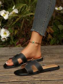 Women's H-Strap Flat Sandals Square Toe Casual Slippers Summer Vacation Essential Beach Solid Color Bohemian - Black - View 9