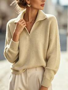 Sweater Rajut Kerah Polo Aprikot Lembut untuk Wanita, Model Longgar dan Lembut, Atasan Serbaguna untuk Perjalanan Musim Gugur - Unta - View 9