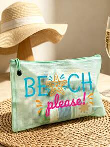 PVC防水海灘防曬化妝包，彩色網格化妝袋，印有「BEACH PLEASE」字樣與海星圖案，海灘主題收納包，大容量透明旅行盥洗包，適合度假、浴室、宿舍、夏季海灘、游泳與旅行。獨特生日禮物、旅行紀念品、教師節禮物、開學必備 - 彩色 - 查看 9