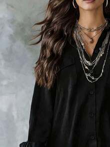 Plus Size Women's Black Long Sleeve Polyester Button-Up Shirt Dress, Lapel Collar, High-Low Hem Design, With Pockets - Black - View 3