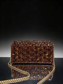 Amorya Túi cầm tay hình vuông đính đá toàn bộ, túi đeo vai nữ, túi clutch phong bì cho váy cưới, túi xách, túi tiệc tinh xảo, ví lấp lánh - Cà phê - Xem 5