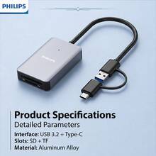 PHILIPS 多功能 SD 記憶卡讀卡機，USB 3.2 高速傳輸，相容於智慧型手機、平板電腦與電腦，雙卡槽設計，可快速傳輸攝影素材與辦公文件 - 查看 9