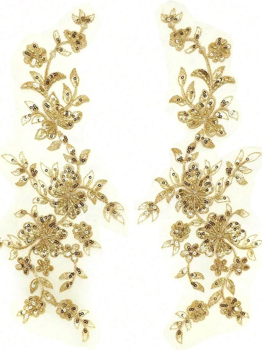 2對金色珠飾刺繡亮片蕾絲貼花 DIY 衣飾裝飾補丁配件 - 金色 - 查看 1