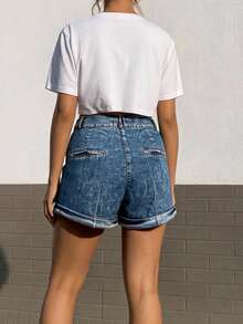 Cuffed High-Waisted Denim Shorts – Classic Blue Wash, Rolled Hem, Pleat Detail, Casual Summer Essential - Blue - View 2