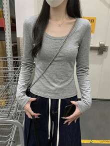 Kaos Lengan Panjang Slim Fit Wanita Minimalis Warna Polos dengan Leher U Dalam, Atasan Lapisan Dasar Elastis Serbaguna untuk Musim Gugur - Dark Grey - View 2