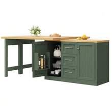 Isla de cocina multifuncional con tablero extensible, encimera convertible, estantes ajustables 360°, estante para aperitivos, cierre magnético y amplio cajón. Diseño moderno, color blanco. - Verde - Ver 7