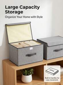 1pc Washable Linen Material Foldable CD Storage Box, Foldable Storage Bin, Toy Organizer Basket With Lid, Laundry Basket,Dorm Room - Grey - View 5
