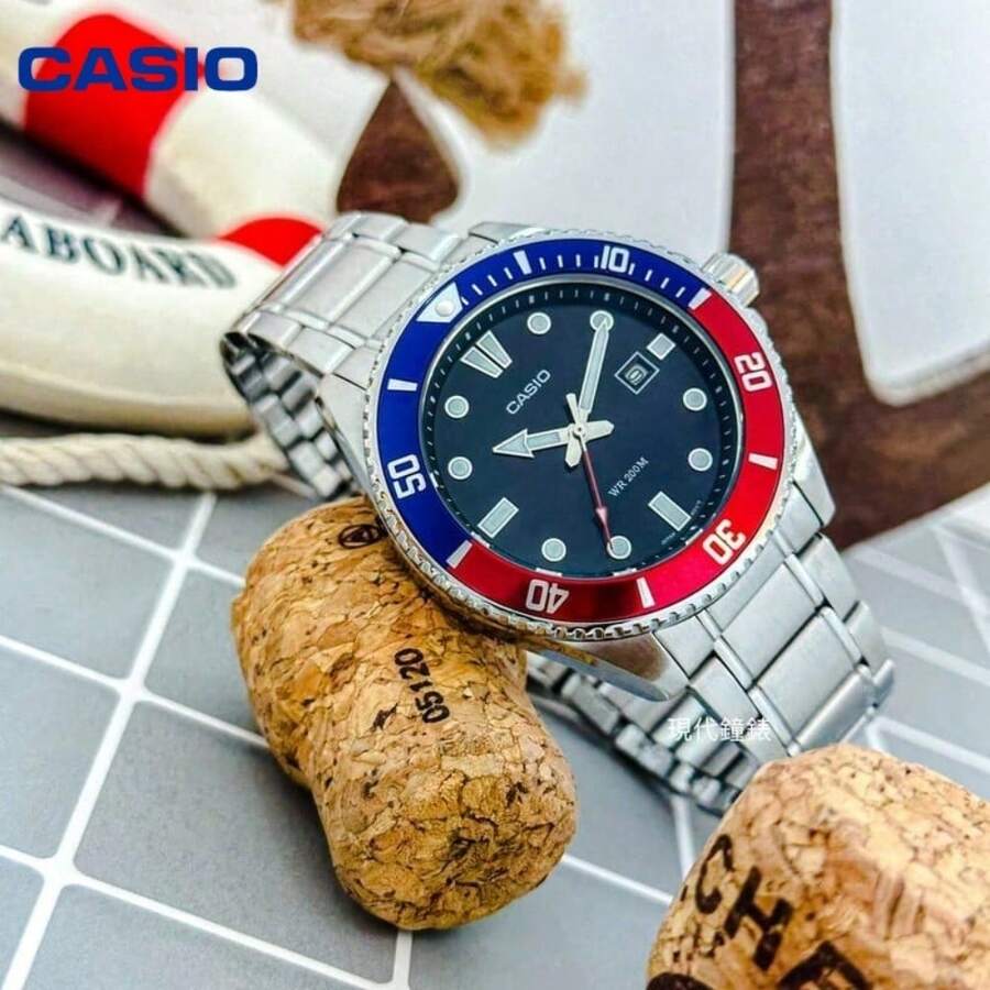 Casio Red Blue Bezel Stainless Steel Dive Watch MDV-107D-1A3 200M Waterproof Luminous Sports Watch - one-size - View 1