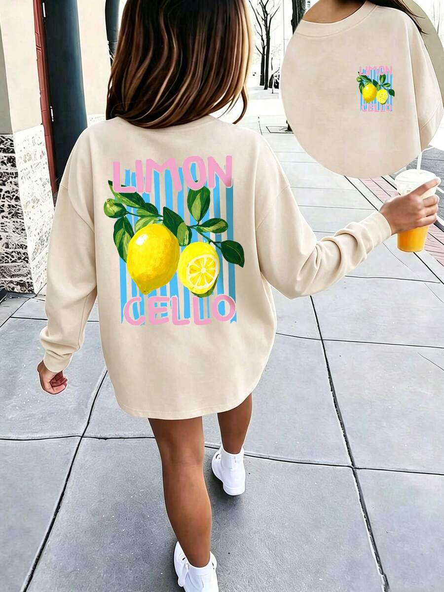 Tween Girls Crew Neck Long Sleeve Tee, "Limoncello" Lemon Fruit Graphic Back Print Casual Basic T-Shirt - Apricot - View 1