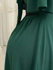 Plus Size Short Princess Dress, Loose Fit, With Gathered Neckline And Short Sleeves, Elegant, Sizes 46 To 56 - Green - View 8
