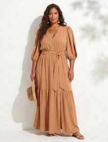 FASHION MIX PREMIUM Elegant Long Dress With Slit And Ruffle On The Hem 3/4 Puff Sleeves With V-Neckline And Tie At The Waist Women's Plus Size - 卡布奇諾 - 查看 1