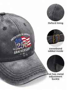 1pc 250th Anniversary Printed Baseball Cap, Men's Oxford Lining, Classic Curved Brim, Natural, Comfortable And Breathable - 霧霾藍 - 查看 7