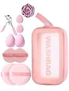 3/11pcs Pink Makeup Tool Set, Includes Makeup Sponge, Powder Puff, Eyelash Curler And Transparent Toiletry Bag, One-Stop Makeup Set - Pink - View 1
