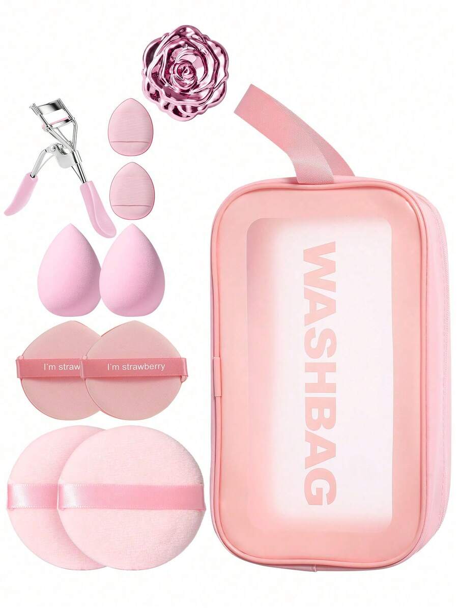 3/11pcs Pink Makeup Tool Set, Includes Makeup Sponge, Powder Puff, Eyelash Curler And Transparent Toiletry Bag, One-Stop Makeup Set - Pink - View 1