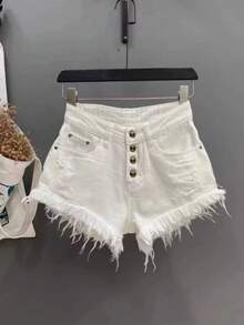 Summer Vintage High Waisted Distressed Denim Shorts Women Retro Y2K Spicy Girl Slimming A-Line Raw Hem Hot Pants Casual Beach Party Streetwear - 淺藍色 - 查看 2