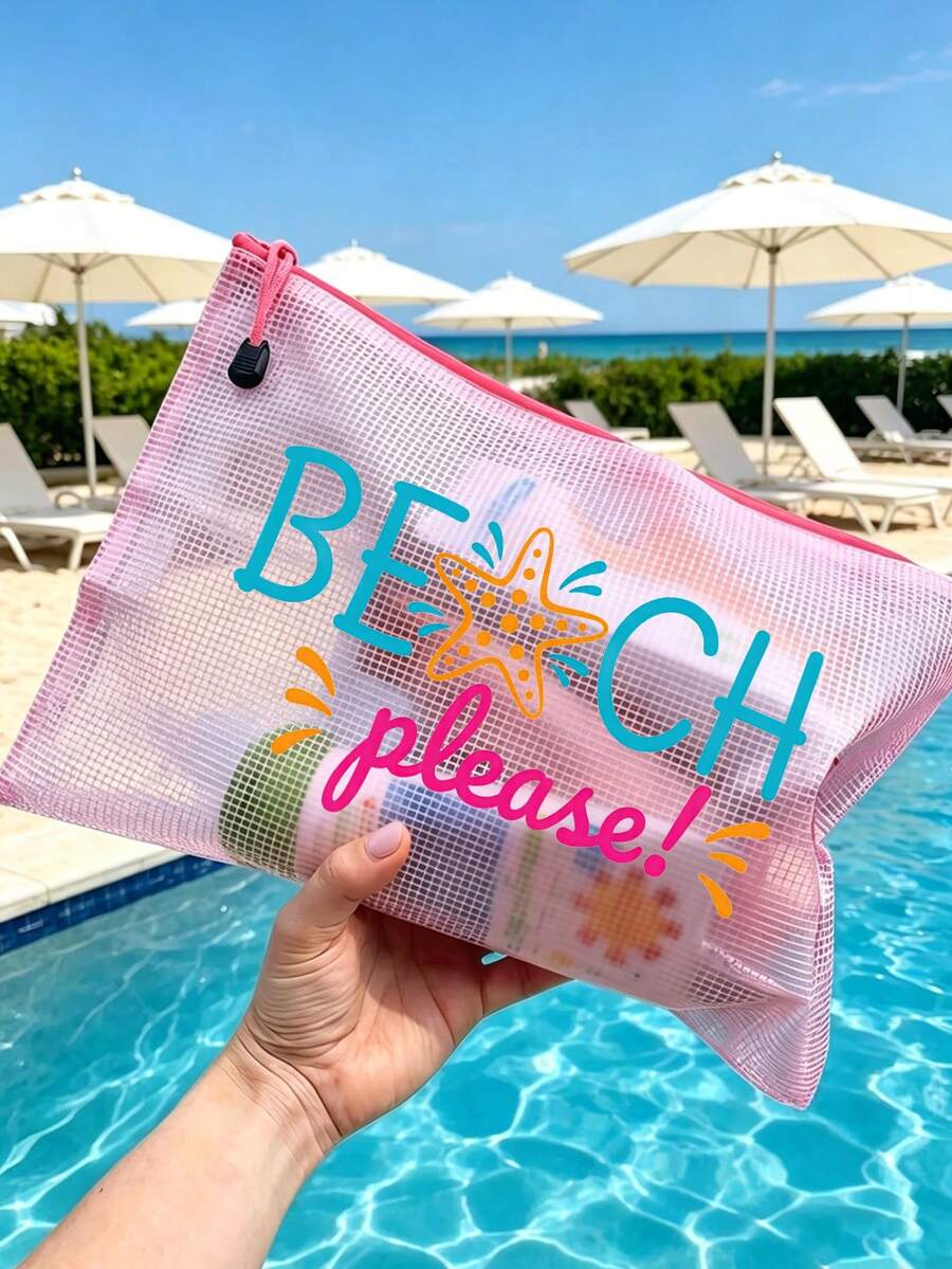 PVC防水海灘防曬化妝包,彩色網格化妝袋,印有「BEACH PLEASE」字樣與海星圖案,海灘主題收納包,大容量透明旅行盥洗包,適合度假、浴室、宿舍、夏季海灘、游泳與旅行。獨特生日禮物、旅行紀念品、教師節禮物、開學必備 - 彩色 - 查看 1