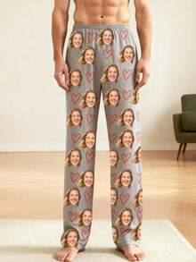 Unisex Personalized Photo Pajama Pants, Custom Pet And Couple Face Pattern, Ideal Gift For Husband/Wife On Wedding, Anniversary, Christmas - Grey - View 4