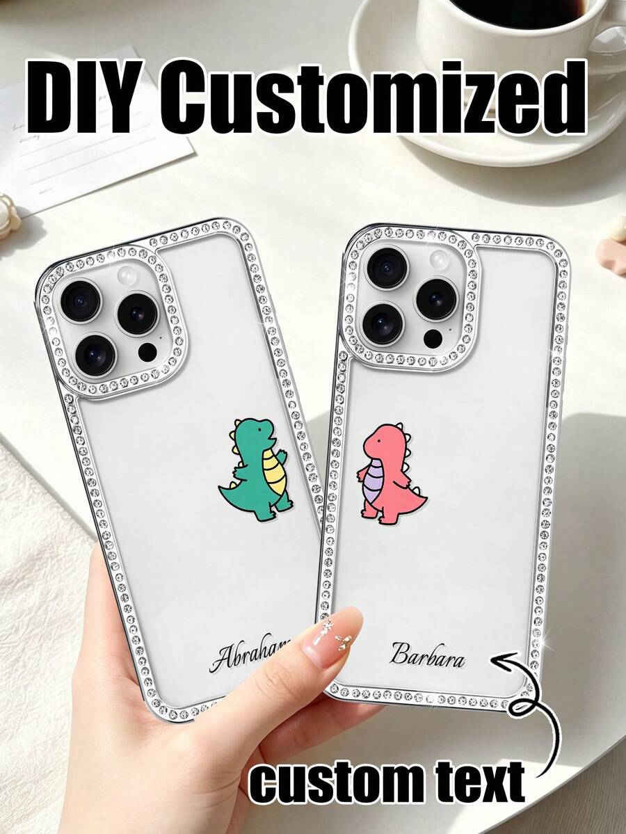 1 Fashionable Four Sided Shiny Diamond Transparent Phone Case With Small Dinosaur Pattern Customizable Name Electroplated Silver Luxurious Shiny Diamond Transparent Phone Case Compatible With IPhone 16e/17 Pro Max/15 Pro Max/14 Plus/13 Pro And Other Models Suitable As A Gift For Friends - Silver - View 1