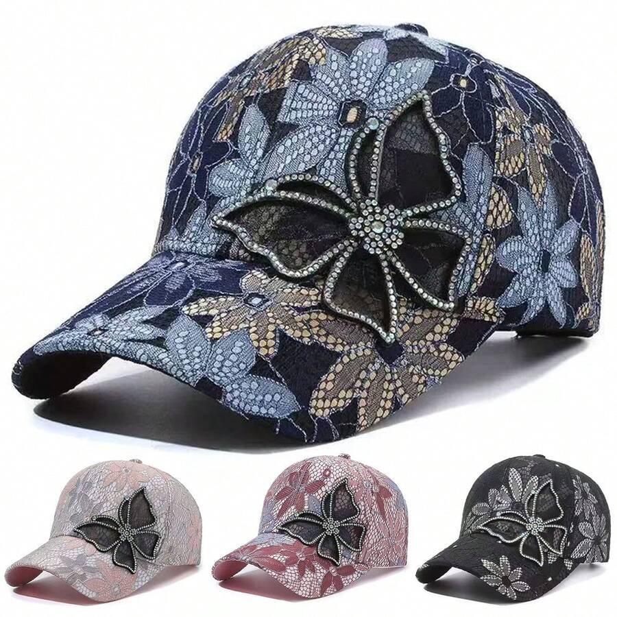 1 chiếc mũ lưỡi trai nữ ren đính đá hình bướm hoa, mũ thời trang đường phố phong cách thường ngày, du lịch biển nghỉ dưỡng mùa xuân/hè - nhiều màu - Xem 1