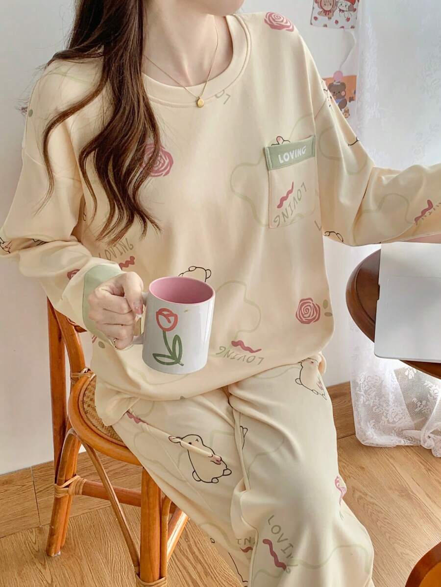 2pcs/Set Women's Pajamas Homewear Set, Round Neck Pullover Simple Casual Cute Rabbit Print Long Sleeve Long Pants, All Season Wear, Easy Care Fabric - Apricot - View 1