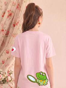 女款夏季 T-shirt，可愛檸檬甜點與青蛙印花寬鬆休閒 T-shirt，適合日常穿著與甜美女孩風格，粉紅色 - 粉色 - 查看 3