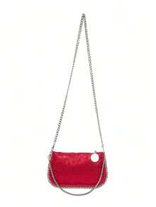 Handmade Chain-Strap Multi-Use Multi-Function Silver-Tone Metallic Baguette Shoulder Handbag Crossbody Bag - Red - View 4