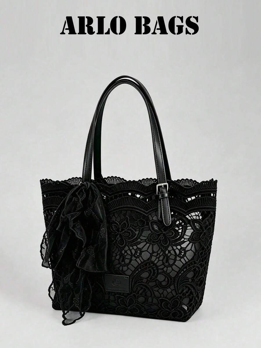 Black Floral Lace Tote Bag, Full-Body Hollow Floral Lace With Matching Lace Bow Charm, Wavy Scalloped Edge Design, Large Capacity Suitable For Students' Daily Classes And Commuting, Young Women's Weekend Shopping, Short Trips, And Gentle Casual Dates - Black - View 1