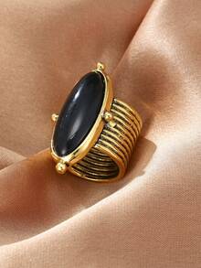 ZHIXUN 1pc Bohemian Style Oval Black Raw Stone Exaggerated Ring, Women's Wide Multi-Layer Spiral Ring, Suitable For Daily Wear, Festival, Casual And Personalized Style Jewelry Gift - Ring - View 6
