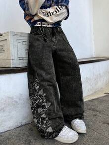 Hearty Haven 1件美式大尺碼刺繡男士復古寬鬆直筒寬腿牛仔褲 休閒舒適百搭水洗長褲-請查看尺寸表 - 灰色 - 查看 1