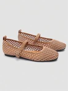 ADAMUMU Women's Fashion Flat Hollow Mesh Embroidery Ballet Mary Jane Shoes, Lightweight Mesh Fabric, Elegant Buckle, Comfortable Breathable Stylish, Suitable For Daily Commute - Camel - View 5