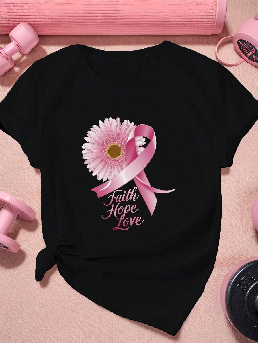 Loose Fit Plus Size Women's 180g Pure Cotton Versatile Round Neck Short Sleeve T-Shirt, Mother's Day Bestseller, L-5XL, Faith Hope Love, Women's Plus - Black - View 1