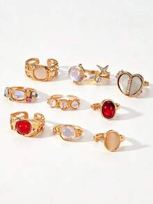 9pcs Gold-Tone Exquisite Versatile Bohemian Beach Vacation Style Sparkling Colorful Gemstone Rhinestone Heart Star Flower Sun Asymmetric Faux Pearl Open Adjustable Ring Set Fashion Personalized Jewelry Gift Suitable For Men And Women Daily Wear Perfect For Party And Holiday Gift Women Casual And Vacation Outfit Multi-Functional Accessory - Multicolor - View 4