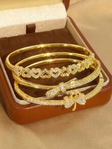 18K vergoldetes Herz & Schleife Zirkonia stapelbares Armband Set, verblassungsresistentes verstellbares Goldarmband, eleganter Damenschmuck, geeignet für tägliche, Hochzeits- und Partyanlässe - Verschiedenfarbig - Übersicht 3