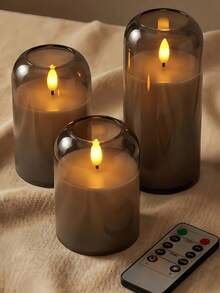 3pcs Grey Flameless Candle Lights With Timer And Remote Control, Battery Operated LED Wish Electronic Candle Lights For Wedding, Dining Table, Halloween, Christmas, Valentine's Day, Desktop Decor And Holiday Arrangement - Grey - View 7