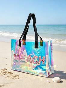 Iridescent Laser Transparent PVC Beach Tote Bag, Large Capacity Beach Letter + Matching Pattern Zipper Pouch, Waterproof Sand-Resistant Easy To Clean, Can Store Swimwear, Towels, Sunscreen, Cosmetics, Suitable For Beach Vacation, Pool Party, Camping Picnic, Short Trip Scenarios, Suitable For Students, Moms, Travel Girls, Qixi, Birthday, Summer Festival Gift, Also Can Be Used As Toiletry Bag, Shopping Bag, Travel Storage Bag - Multicolor - View 3