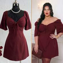 Elegant Plus Size Short Loose-Fit Summer Dress, Stretchy, Shaping, Fitted Waist, Adjustable Bust, Enhances And Lifts Breasts, Back With Tie, Sizes 2XL, 3XL And 4XL - 紅色 - 查看 1