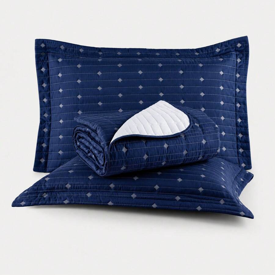200 Thread Count Double-Sided Embroidered Bedspread Set (Double/Queen/King/Single Size) - Luxury Decor - 藏蓝色 - 查看 1
