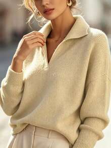 Sweater Rajut Kerah Polo Aprikot Lembut untuk Wanita, Model Longgar dan Lembut, Atasan Serbaguna untuk Perjalanan Musim Gugur - Unta - View 8