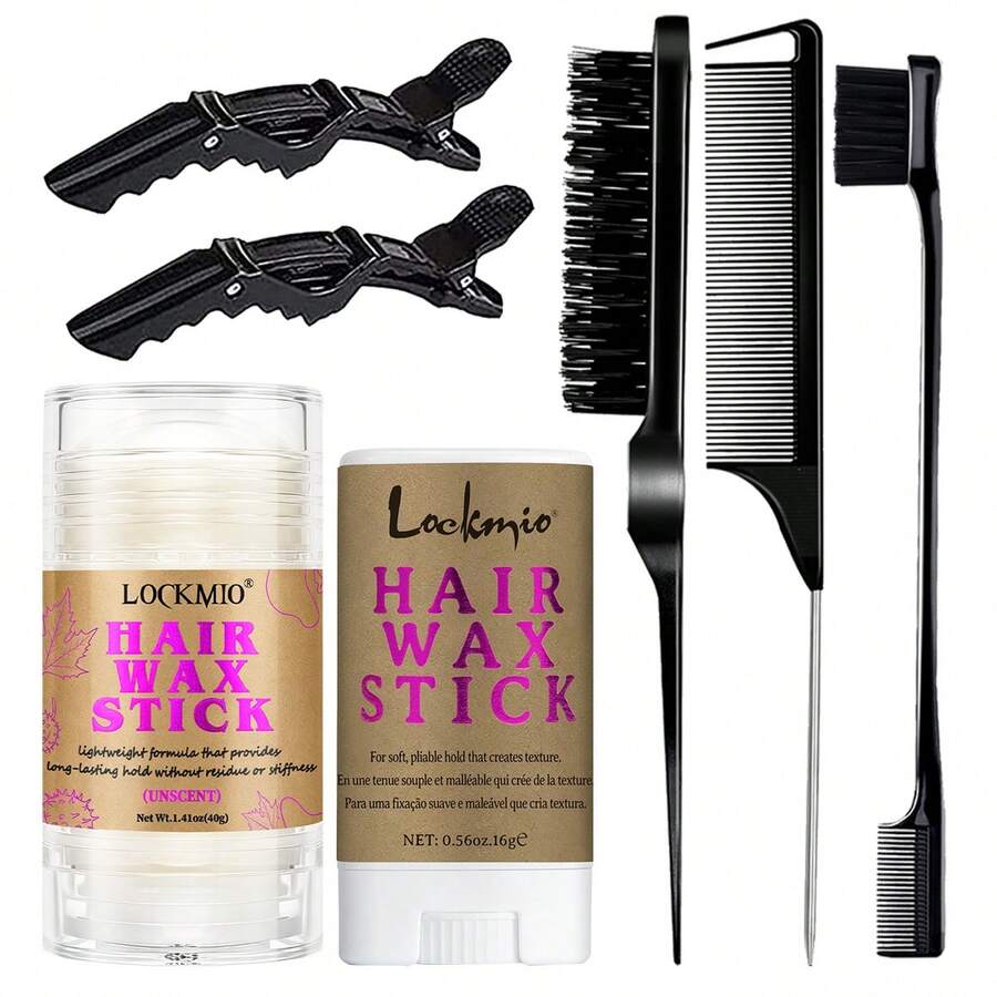 lockmio Barra de cera para peinar el cabello natural y suave, cera sólida para domar el cabello encrespado, fijación fuerte y duradera sin rigidez, bálsamo de cera para el cabello portátil para viajes, incluye 3 peines y pinzas de cocodrilo - L-40wax-16wax-3comb-2clip-5pcs - Ver 1