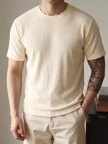 Men's Textured Plaid Round Neck Short Sleeve T-Shirt, Breathable Vintage Casual Top For Summer - Apricot - View 3