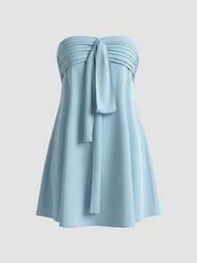 Váy mini A-line không dây nhún bèo satin nữ VINOVA, mùa hè, thanh lịch cho khách dự đám cưới, tiệc cocktail, hẹn hò đêm xuân - Màu xanh lam - Xem 4