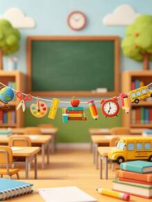 Back To School Party Garland, Stationery/School Bus/Globe/Palette/Pencil/Ruler/Alarm Clock Pattern, Back To School Decoration, Suitable For Back To School Party Decoration, Back To School Gift, Classroom Decoration - One Size Fits All - View 8