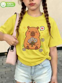 青少年女孩夏季系列：100%純棉女孩落肩短袖T恤，印有客製化趣味可愛水豚圖案設計 - 鮮黃色 - 查看 2