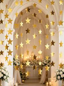 33/66pcs/String Gold Star Hanging Banner, Double-Sided Shiny Stars, Suitable For Wedding, Engagement, Birthday, Graduation Party And Other Occasions Photo Backdrop Decoration - Gold - View 3