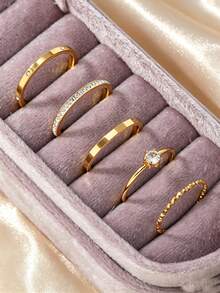 5-delat elegant ringset för kvinnor i rostfritt stål med geometriska strass- och zirkoniastenar, lämpligt för dagligt bruk, dejter, semester och festtillbehör - Guld - Visa 7