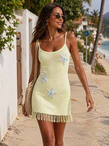 Women's Spring/Summer Fashionable Casual Soft Solid Color Rhinestone Starfish Decor, Self-Lighting Filter, Tassel Design Spaghetti Strap Bodycon Mini Dress - Designed For Summer Beach Vacation, Sexy Beach Babe Outfit - Green - View 6