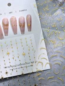 6Pcs Y2K Metallic Golden Silvery Star Nail Art Stickers 3D Starry Moon French Line Nail Decals Cyberpunk Gothic DIY Manicure Decoration Sticker - 彩色 - 查看 6