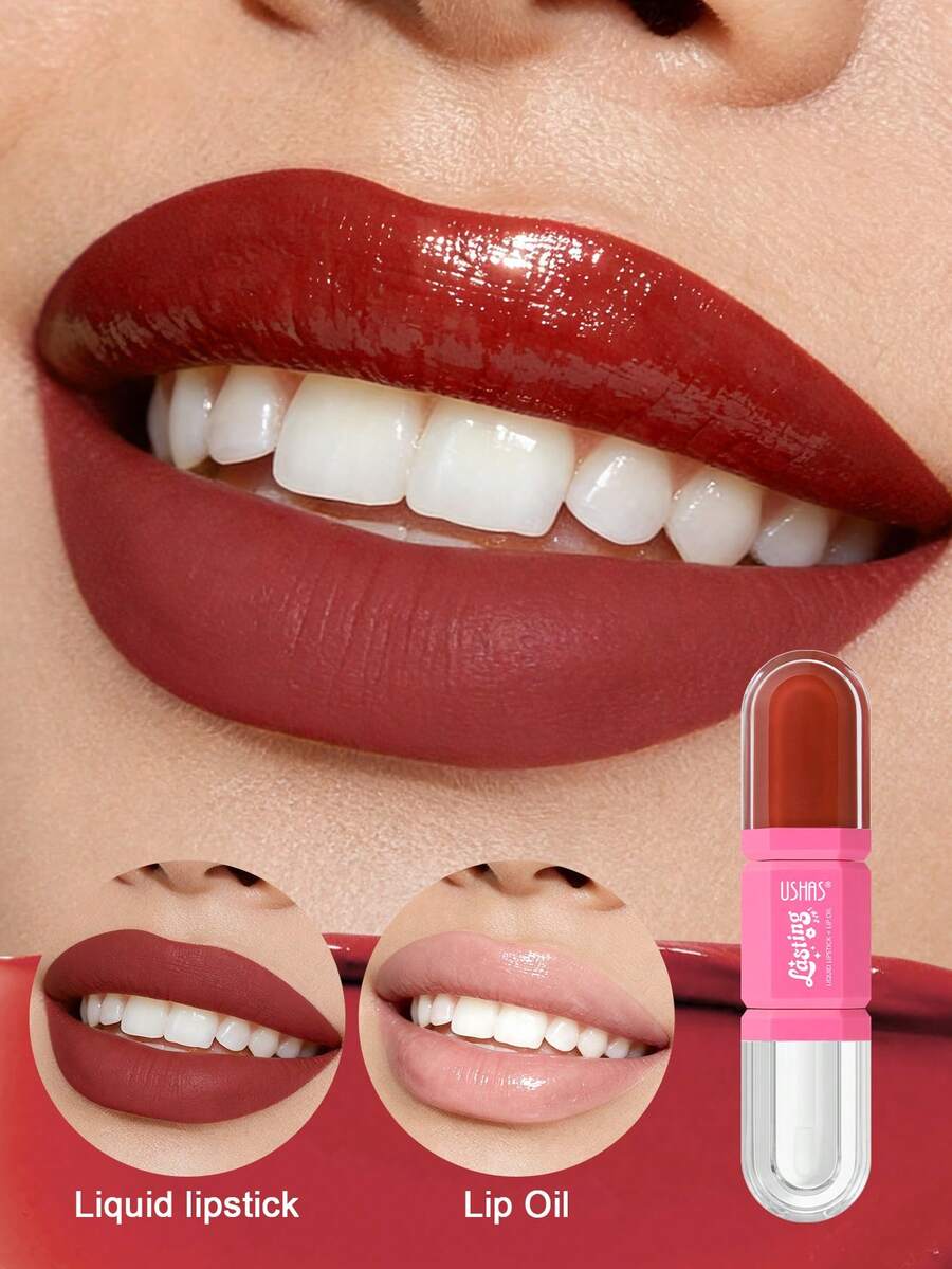 USHAS 2-In-1 Lip Oil + Liquid Lipstick, Long-Lasting Matte Lip Gloss With Glossy Finish, Non-Sticky And Non-Transferring, Moisturizing Lip Tint, 12 Colors From Nude To Deep Shades, Suitable For Daily And Party Makeup - #05 Crimson Spice - View 1